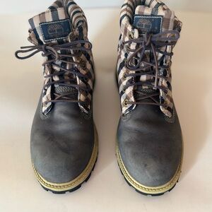 Vintage Timberland Gray Blue Leather Plaid Logo LaceUp Boots Boys Size 5.5